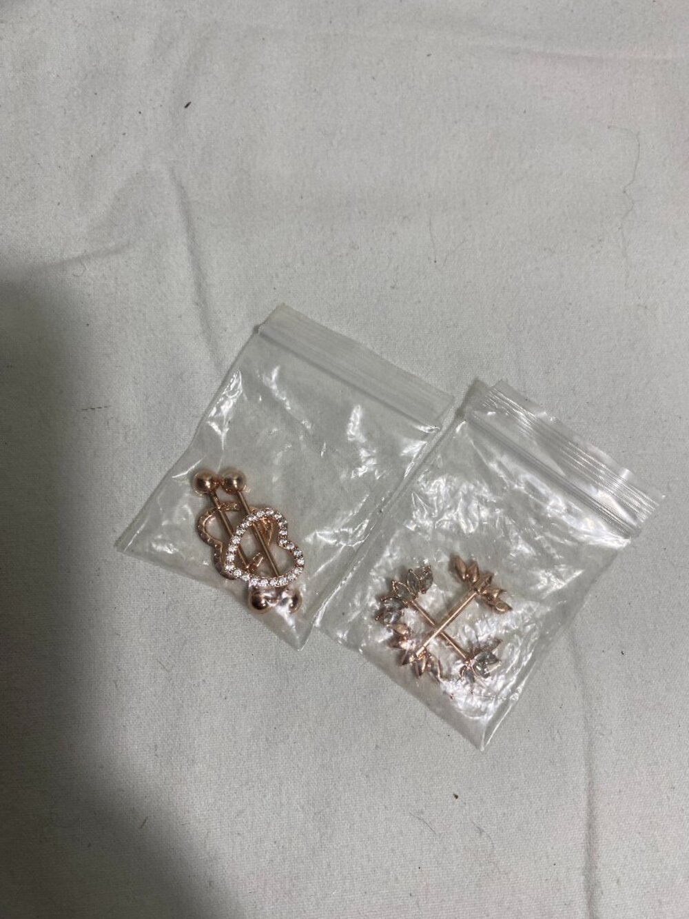 Rose Gold Heart & Leaf Nipple Ring Barbell Set Rhinestone Body Jewelry Pair